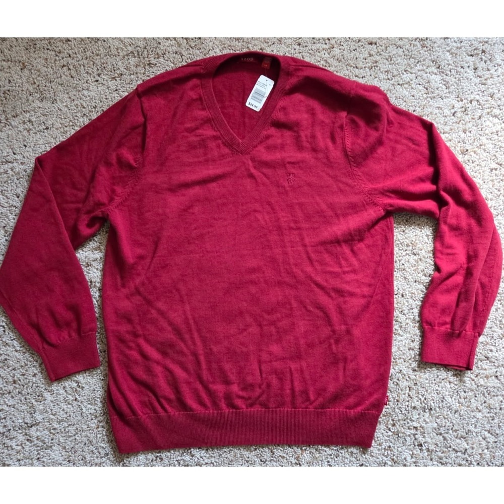 NEW! IZOD Men's Large Burgundy Knit V-Neck Pullover Sweater Solid Embroidered